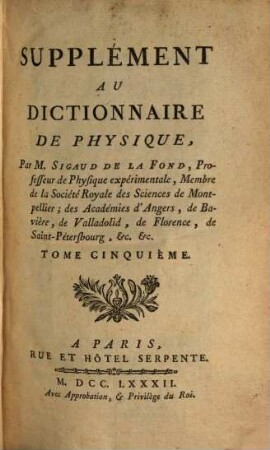 Dictionnaire De Physique. 5, Supplément