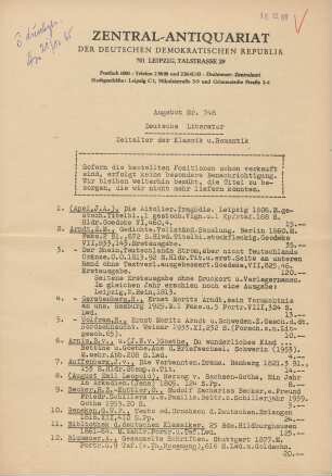 Nr. 748: Deutsche Literatur Zeitalter der Klassik u. Romantik