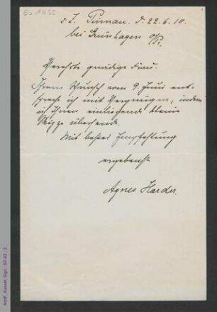 Brief von Agnes Harder an unbekannt, hs.