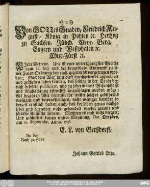 Von Gottes Gnaden, Friedrich August, König in Pohlen [et]c. Hertzog zu Sachsen, Jülich, Cleve, Berg, Engern und Westphalen [et]c. Chur-Fürst [et]c.