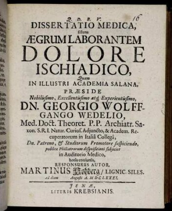 Dissertatio Medica, sistens Aegrum Laborantem Dolore Ischiadico