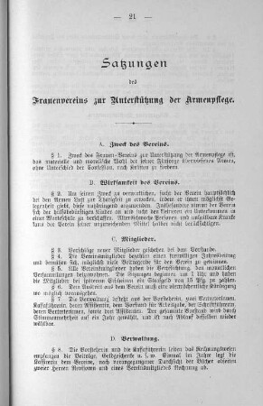 Satzungen des Frauenvereins zur Unterstützung der Armenpflege.