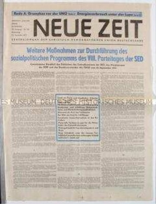 Tageszeitung der CDU (DDR) "Neue Zeit" zum VIII. Parteitag der SED und zur Rede von Gromyko auf der UN-Vollversammlung