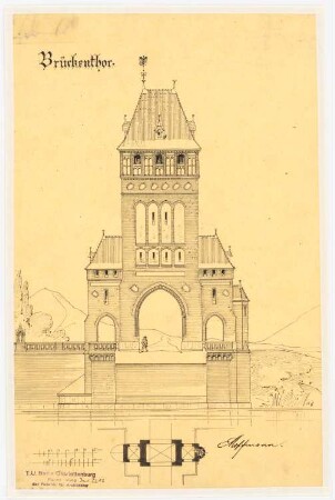 Brückentor: Ansicht 1:300, Grundriss 1:600