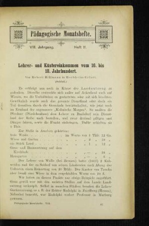 Lehrer- und Küstereinkommen vom 16. bis 18. Jahrhundert : (Schluß)