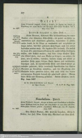 9. Resolutions-Puncte Herrn Friederici Augusti, König in Pohlen ... wegen Abstellung derer bey Forst- und Holz-Sachen in denen Erz- und Ober-Gebürgischen Creyßen zeithero eingerißenen Mißbräuche, den 28. Augusti, Anno 1697