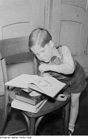 Porträt eines kleinen Jungen beim Lesen eines Buchs