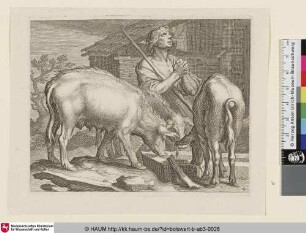 [Betnder Mann zwischen drei aus einem Trog fressenden Schweinen; The prodigal son among the pigs]