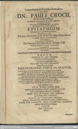 Venerabilis & de Ecclesia Orthodoxa meritissimi DN. Pauli Crocii, ... Epitaphium