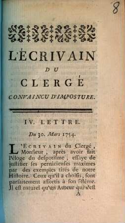 L' Écrivain Du Clergé Convaincu D'Imposture : IV. Lettre Du 30. Mars 1754