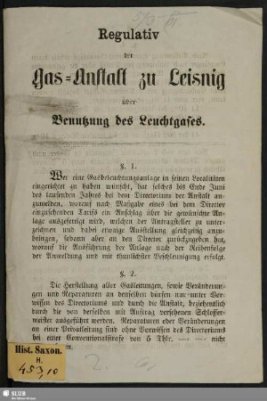 Regulativ der Gas-Anstalt zu Leisnig über Benutzung des Leuchtgases