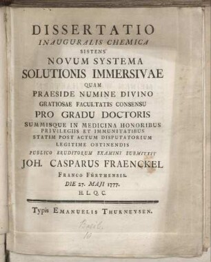 Dissertatio Inauguralis Chemica Sistens Novum Systema Solutionis Immersivae