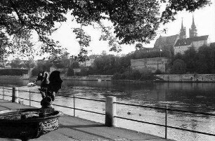 Basel: Oberer Rheinweg mit [Basilisken-]Brunnen und Münster
