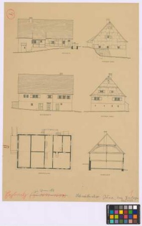 Eybach (Landkreis Göppingen): Obere Roggenmühle. Wohnhaus (zwei Seiten-Ansichten, zwei Giebel-Ansichten, Grundriss des Obergeschosses, Querschnitt)