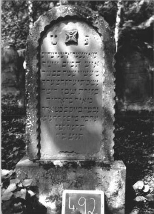 Grabstein 492 (Index: 99895547) Material: Sandstein Zustand: gut Maße HxBxT: 133x55x21 cm Beschreibung: Stele mit Rundbogenabschluss; Sockel Symbolik: vierblättrige Blüte: Grabstein 492