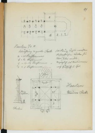 Grote Kerk, Haarlem. Nieuwe Kerk, Haarlem: Grundriss Grote Kerk, Grundriss, Fassadenschnitt vertikal Nieuwe Kerk (aus: Skizzen- und Fotoalbum 27)