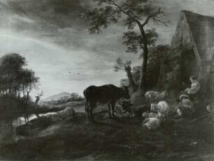 Sonnenuntergangslandschaft mit einer schlafenden Hirtin