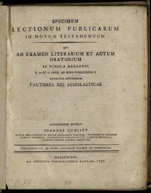 Specimen [1]: Specimen Lectionum Publicarum In Novum Testamentum. Specimen [1]