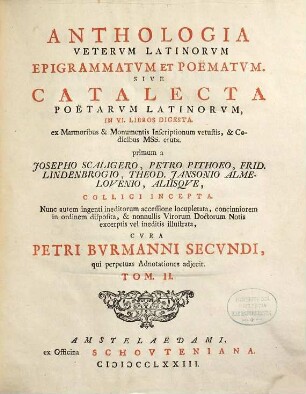 Anthologia Veterum Latinorum Epigrammatum Et Poëmatum, Sive Catalecta Poëtarum Latinorum : In VI. Libros Digesta, 2