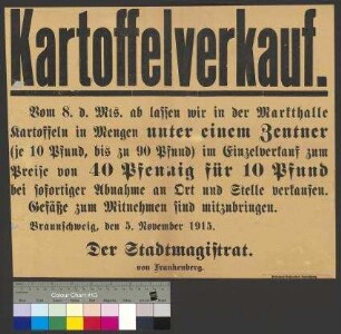 Bekanntmachung des Stadtmagistrats Braunschweig zum Verkauf von Kartoffeln in der Markthalle