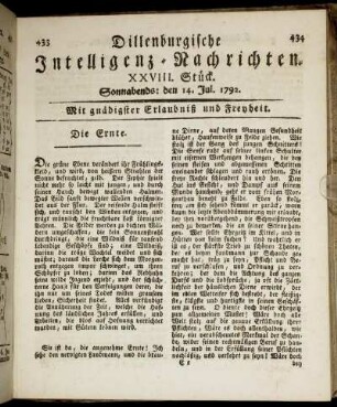 XXVIII. Stück. Sonnabends: den 14. Jul. 1792.