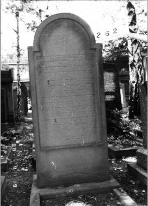 Grabstein 262 (Index: 100094508) Material: Sandstein Zustand: unten abgeblättert Maße HxBxT: 175x74x26 cm Beschreibung: Stele, Sockel, eingezogener Rundbogenabschluß, Schriftfeld eingetieft Besonderheit: gereimter 10-Zeiler: Grabstein 262