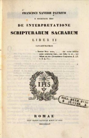 Francisci Xaverii Patritii E Societate Iesu De Interpretatione Scripturarum Sacrarum. 2, Paradeigmatikos