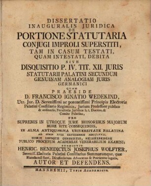 Diss. ... de portione statutaria, coniugi improli superstiti, tam in casum testati, quam intestati debita