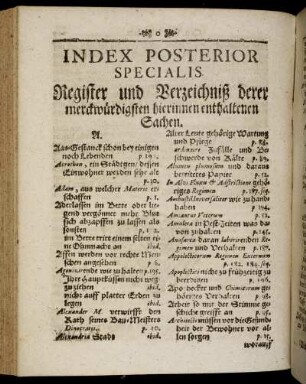 Index Posterior Specialis. Register und Verzeichnis derer merckwürdigsten hierinnen enthaltenen Sachen.