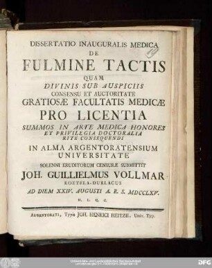 Dissertatio Inauguralis Medica De Fulmine Tactis