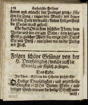 Folgen schöne Gesänge von der H. Dreyfaltigkeit/ welche auff die Sonntäg gar füglich zu singen.