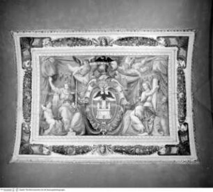Wappen der Familie Giustiniani mit den Personifikationen von Justitia und Fortitudo