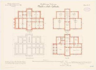 Kaserne des 4. Garderegiments zu Fuß, Berlin-Moabit: Wacht- und Stabsgebäude: Grundriss Fundamente, Kellergeschoss, Erdgeschoss, 1. Obergeschoss 1:100