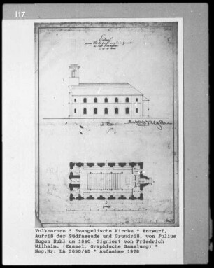 Volkmarsen, Evangelische Kirche, Entwurf, Aufriß der Südfassade und Grundriß
