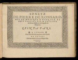Philippe de Monte: Sonetz de Pierre de Ronsard. Quinta Pars