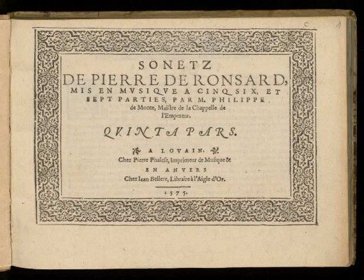 Philippe de Monte: Sonetz de Pierre de Ronsard. Quinta Pars
