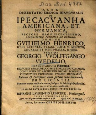 Dissertatio Medica Inavgvralis De Ipecacvanha Americana, Et Germanica