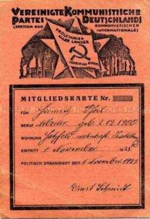 Mitgliedskarte der Vereinigten Kommunistischen Partei Deutschlands (VKPD)
