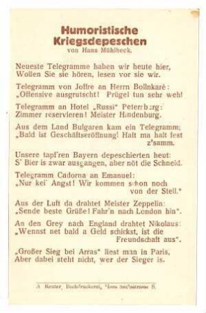 Text-Karten, ohne Nummern: Humoristische Kriegsdepeschen (mit Zensurvermerk 13.10.1915)