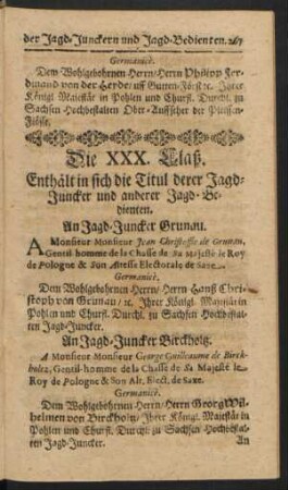 Die XXX. Claß. Enthält in sich die Titul derer Jagd-Juncker und anderer Jagd-Bedienten