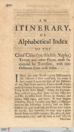 An Itinerary, or Alphabetical Index of the Chief Cities (on this side Naples), Towns [...]