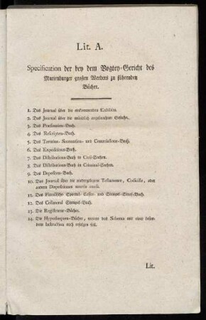 Lit. A. Specification der bey dem Vogtey-Gericht des Marienburger großen Werders zu führenden Bücher