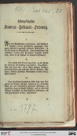 Churpfälzische Kameral-Fiskalats-Ordnung : [Mannheim, am 1. December, 1797]
