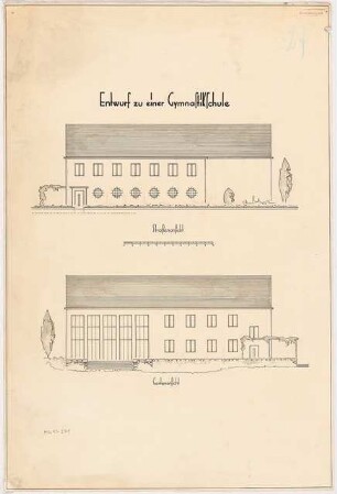 Gymnastikschule am See Monatskonkurrenz Dezember 1932: Aufriss Straßenansicht, Gartenansicht; Maßstabsleiste