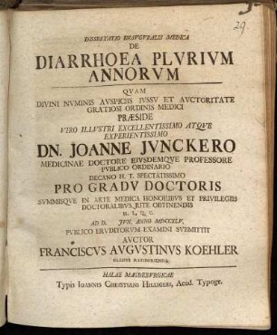 Dissertatio Inavgvralis Medica De Diarrhoea Plvrivm Annorvm