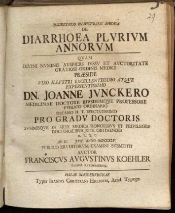 Dissertatio Inavgvralis Medica De Diarrhoea Plvrivm Annorvm