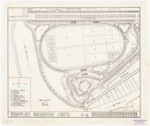 Sportplatz Buniamshof, Lübeck: Grundriss der Anlage mit dem des Hauses mit Umgebung, Höhenangaben 1:200, Maßstabsleiste, Legende mit Bezeichnung der Teile
