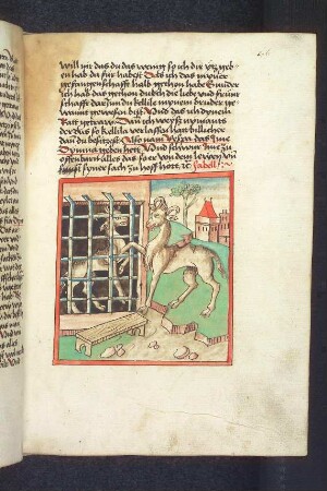 Des Königs Diener Respa, ein Verwandter Dimnas, vor dem eingekerkerten Dimna; (Kapitel III: Vom Gerichtsverfahren gegen Dimna)