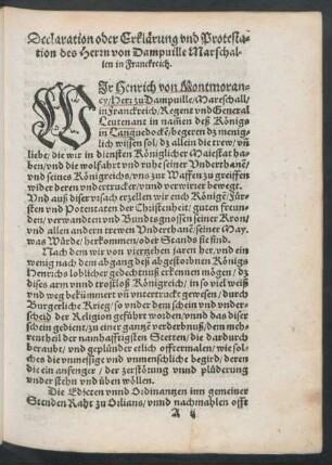 Declaration oder Erklärung und Protestation des Herrn von Dampuille Marschallen in Franckreich.