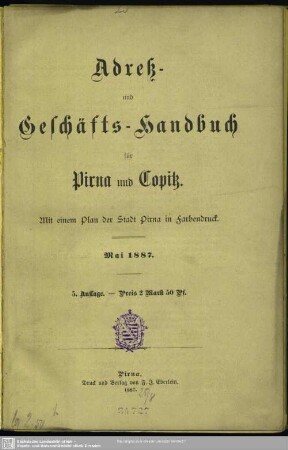 5.1887: Adreß- und Geschäftshandbuch für Pirna, Copitz und Posta